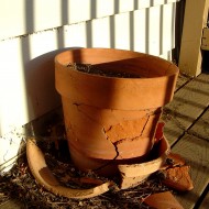 photo of a broken terra cotta flower pot in the sunlight