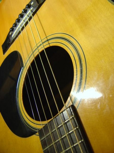 closeup of body of acoustic guitar