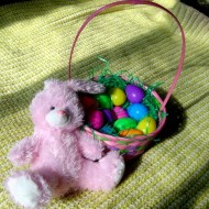 Stuffed Easter Bunny with Basket Photo of Pink Easter bunny with and Easter Basket full of colored eggs