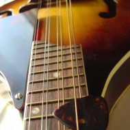 photo of mandolin with fingerboard and pick