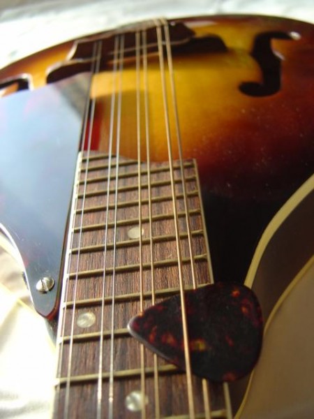 photo of mandolin with fingerboard and pick