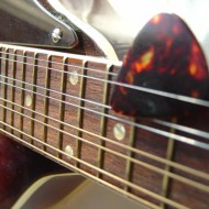 photo of mandolin fingerboard with pick in strings