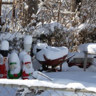 Snow Covered Christmas Figurines, Wheelbarrow, Table and Wagon - Free High Resolution Photo