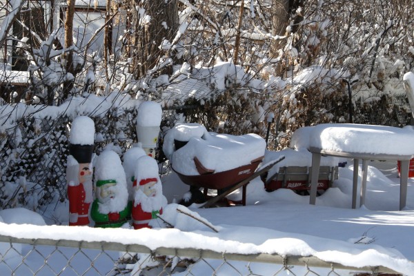 Snow Covered Christmas Figurines, Wheelbarrow, Table and Wagon - Free High Resolution Photo