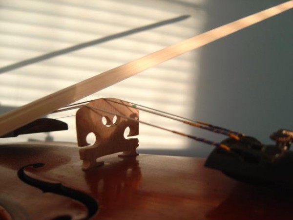 Closeup photo of a violin with a bow in a sunbeam