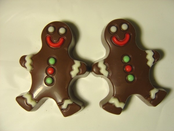 photo of two chocolate candies that look like gingerbread men