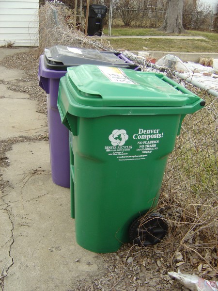 photo of Denver municipal green compost trash can and purple recycling cart