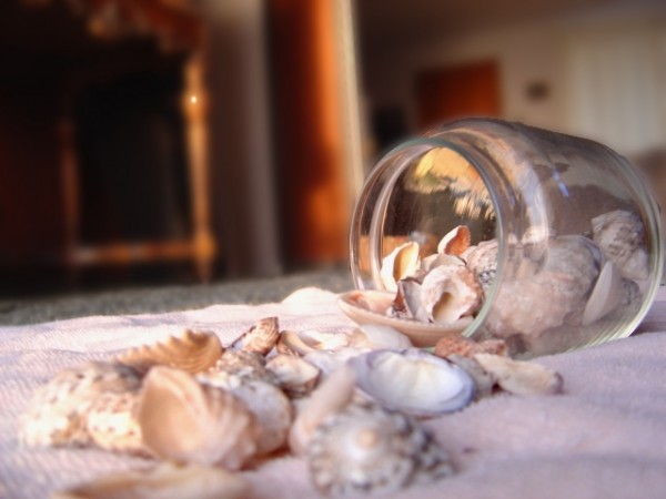Sea shells spilling out of glass jar