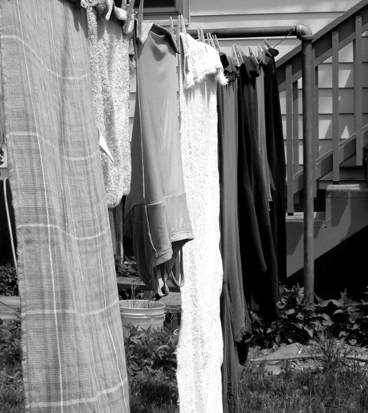 Black and White Photo of Laundry on Clothesline