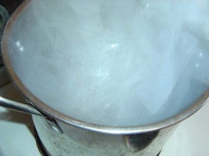 photo of a pot of boiling water on the stove with steam rising