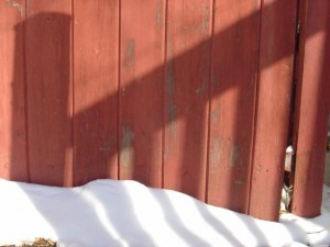 photo of a shadow of deck railing on a red wooden fence with snow