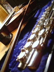 photo of a flute in a blue velvet case with a violin in the background