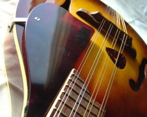 photo of mandolin with pick in strings and pick guard