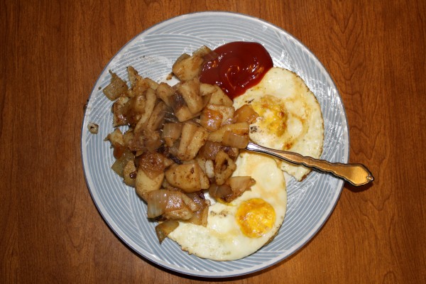 Fried Eggs and Home Fries Potatoes with Ketchup - Free High Resolution Photo