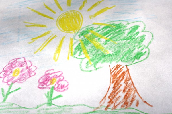 Child's Crayon Drawing of Tree with Sun and Flowers - Free High Resolution Photo