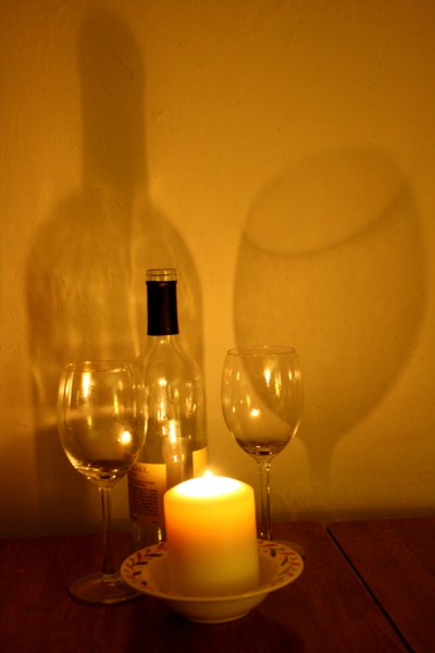 Wine Glasses, Bottle, Candle and Shadows - Free High Resolution Photo