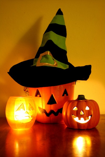 Halloween Jack-o-Lantern Bucket with Witch Hat and Candles - Free High Resolution Photo