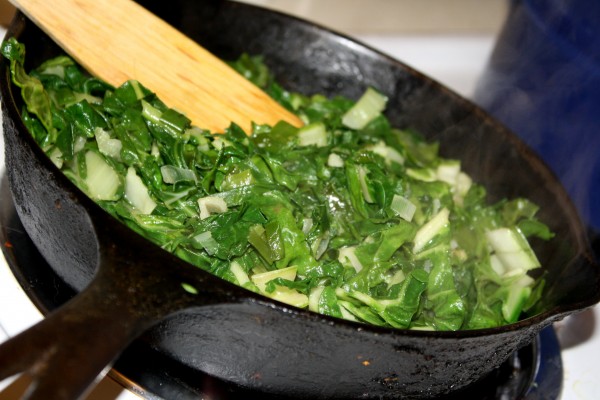 Sauteing Swiss Chard and Scallions in Cast Iron Skillet - Free High Resolution Photo