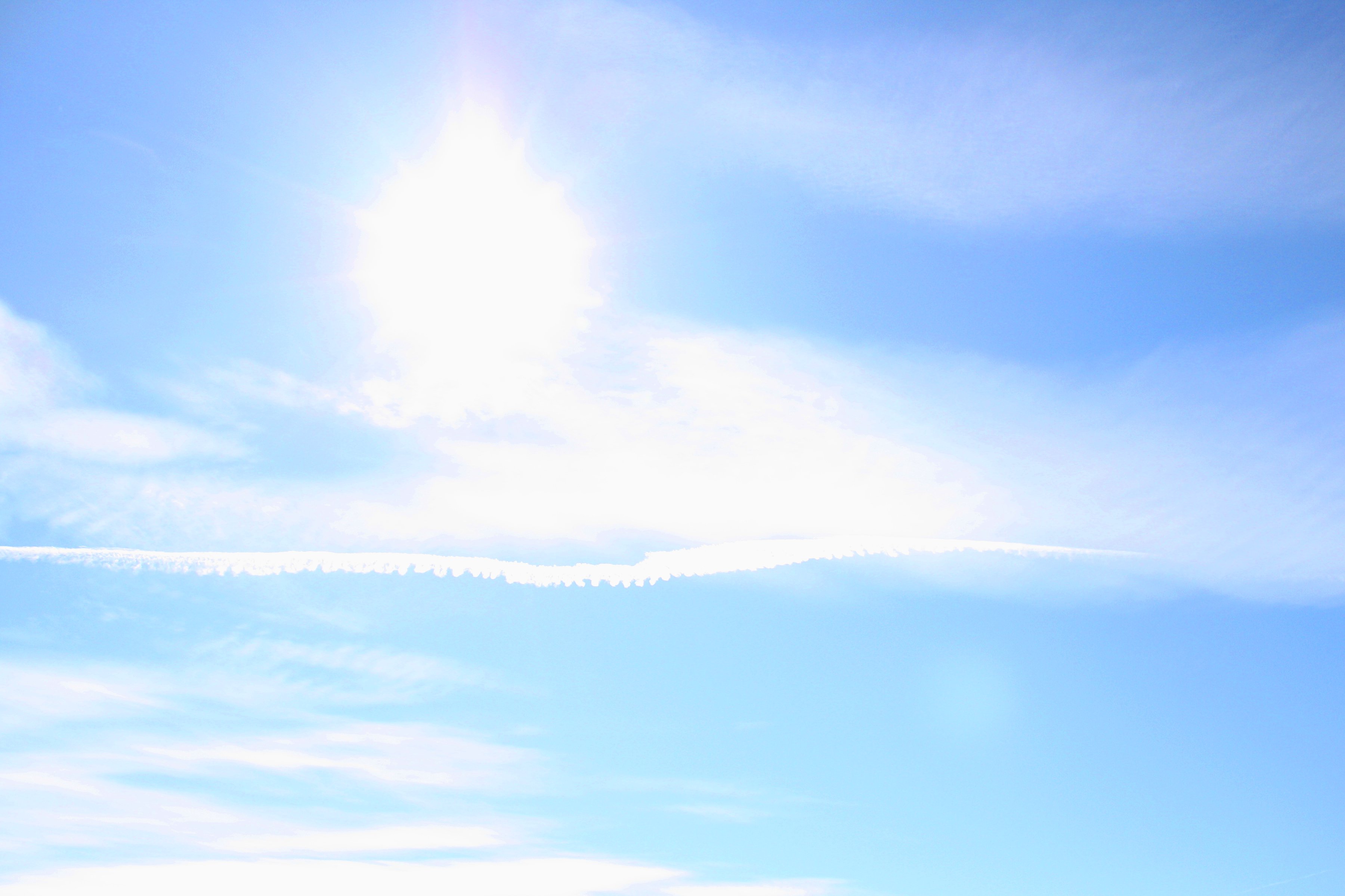 Blue Sky with Sun Clouds and Airplane Trail Picture | Free Photograph ...