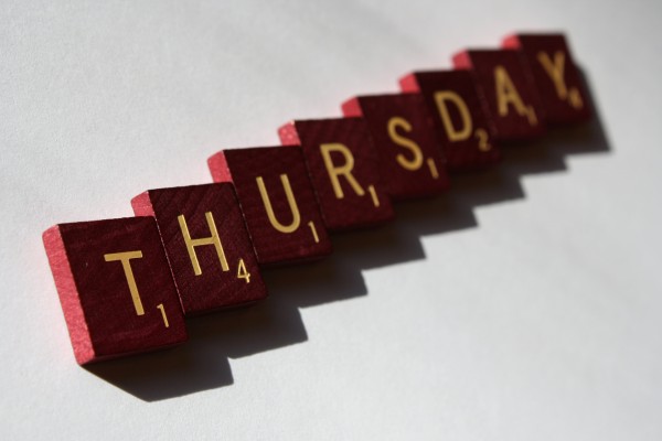 Thursday - free high resolution photo of the word Thursday spelled in Scrabble letter tiles