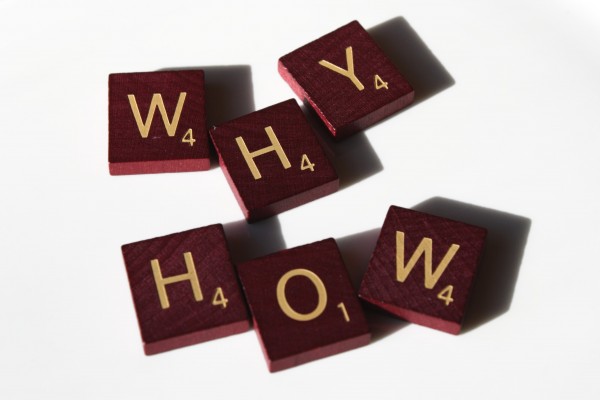 Why? How? Free high resolution photo of Scrabble letter tiles spelling the words why and how